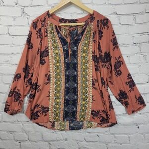 Mason & Belle Womens Long Sleeve Floral Boho Blouse With Tie Neck & Multicolored